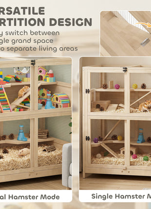 Wooden Hamster Cage, 4 Tier Small Animal Cage with Mesh Flip Roof, Pull-Out Tray, Huts, Seesaws, Ramps and Water Bottles