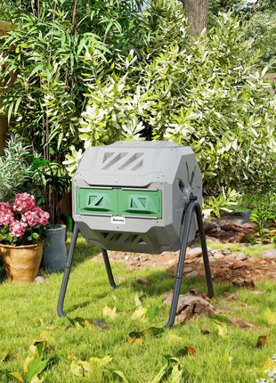 Tumbling Compost Bin Outdoor 360° Dual Chamber Rotating Composter 43 Gallon, Light Gray