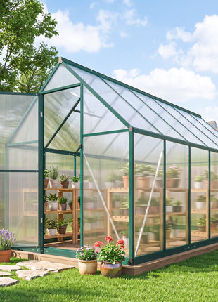 Polycarbonate Greenhouse with Swing Door and Two Adjustable Roof Vents, Aluminum Walk-in Greenhouse, 11x6 ft, Dark Green