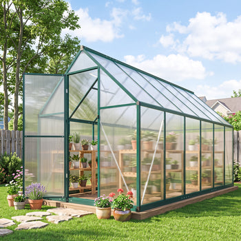 Polycarbonate Greenhouse with Swing Door and Two Adjustable Roof Vents, Aluminum Walk-in Greenhouse, 11x6 ft, Dark Green