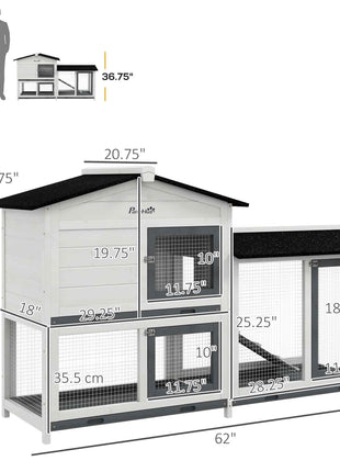 62" Rabbit Hutch, Wooden Bunny Hutch, Guinea Pig Cage, Small Animal Enclosure with Run Area, Removable Tray, Asphalt Roof, Lockable Doors and Ramp, for Rabbits, Chickens, Ducks, White