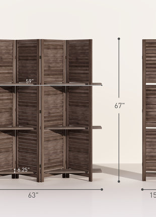 4 Panel 67" Tall Wood Privacy Screen Room Divider with 3 Shelves and Folding Storage for Bedroom, Walnut