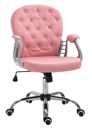 Makeup Vanity Chair, PU Leather Computer Task Chair with Button Tufted, Padded Armrests, Adjustable Height and Swivel Wheels, Pink