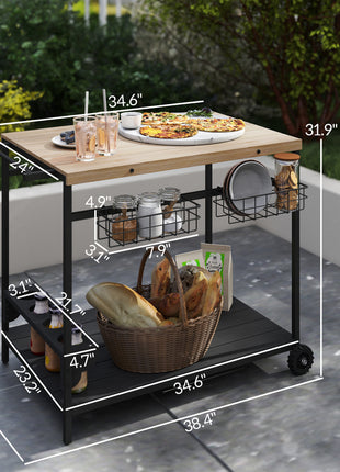 Outdoor Bar Cart Patio Serving Cart with Wine Holders Natural