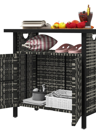 Outdoor Pool Towel Storage Cabinet Organizer, Outdoor Bar Table with Shelf and Cabinet, Pool Towel Holder Pool Valet with Weather-Resistant PE Rattan and Steel Frame, Mixed-Gray
