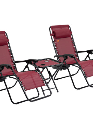 Zero Gravity Chair Set with Side Table, Folding Reclining Chair with Cupholders & Pillows, Adjustable Lounge Chairs for Pool, Backyard, Lawn, Beach, Wine Red