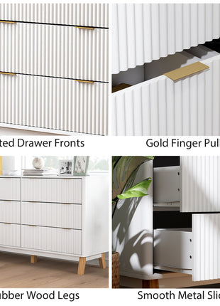 6 Drawer Double Dresser for Bedroom, Fluted Chest of Drawers with Gold Finger Pulls and 5 Wood Legs, White