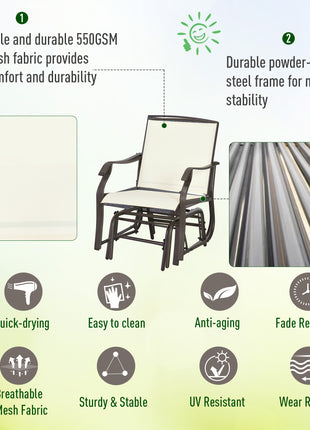3 Piece Outdoor Glider Chair with Coffee Table Bistro Set, 2 Patio Rocking Swing Chairs with Breathable Sling Fabric, Glass Tabletop, for Backyard, Garden and Porch, Cream White