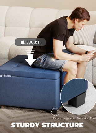 Round Storage Ottoman Bench, Button Tufted Ottoman with Flip Top for Living Room, Entryway and Bedroom, Blue