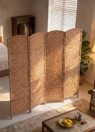Room Divider 4 Panel, 6FT Tall Folding Privacy Screen, Freestanding Hand-Woven Partition for Room Separation with 360° Hinges, Paper Rope Diamond Weave, Natural