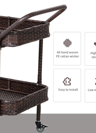 PE Rattan Outdoor Bar Table, Outdoor Kitchen Island with 2-Tier Shelf, Wheeled Patio Serving Cart with Brakes for Poolside, Garden, Brown