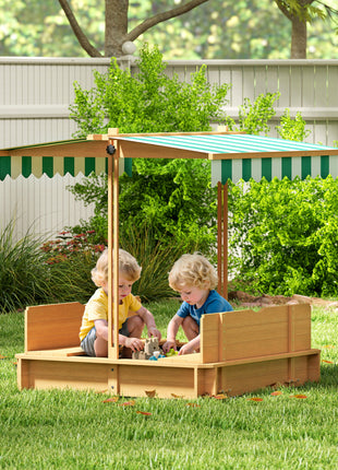 Wooden Kids Sandbox with Cover, Children Outdoor Sand Box with Foldable Bench Seats and Adjustable Canopy
