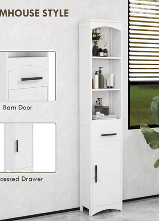 Farmhouse Tall Slim Bathroom Storage Cabinet with Recessed Drawer, Narrow Cabinet with Barn Door, White