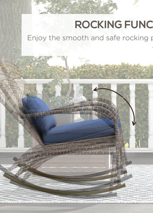 Adirondack Chair, Outdoor Wicker Rocking Chair with High Back, Seat Cushion, and Pillow for Porch, Balcony, Dark Blue