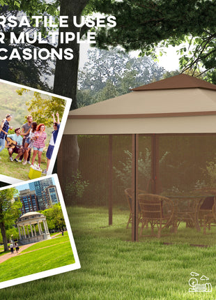 Outdoor Patio Pop Up Canopy Gazebo Shelter with Zipper Netting, Carry Bag, 11' x 11', Khaki