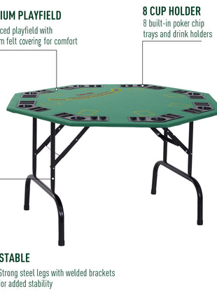Poker Table Foldable, 47" Octagon Blackjack Poker Game Table for 8 Players with Cup Holders and Chips Tray, Green Felt
