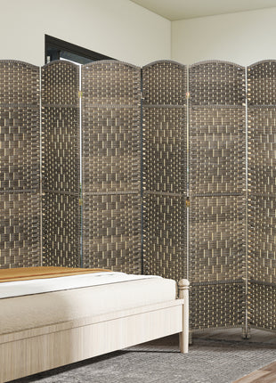 Folding Room Divider Screen 6 Panel 6' Tall Privacy Screen Freestanding Wood Partition for Home Office, Dark Rustic Oak