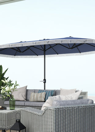 15ft Rectangle Patio Umbrella UPF30+ Extra Large Outdoor Umbrella with Fringe and Crank Handle, Dark Blue