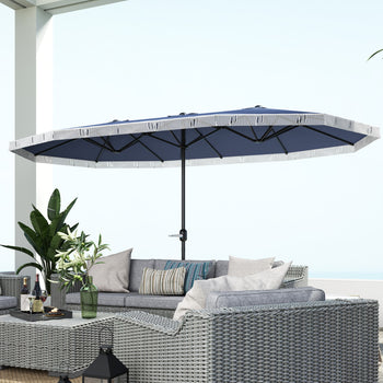 15ft Rectangle Patio Umbrella UPF30+ Extra Large Outdoor Umbrella with Fringe and Crank Handle, Dark Blue
