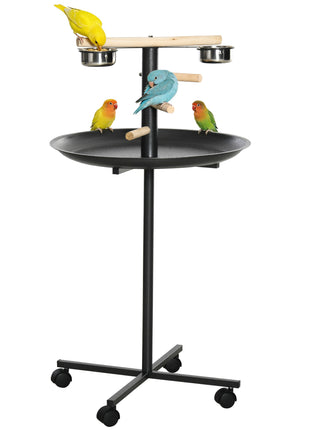 Portable Bird Play Stand, Parrot Perch Bird Feeder Station with Wheels, Stainless Steel Feeding Bowls, Tray, Gray