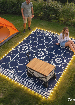 Reversible Outdoor Rug Carpet with LED Lights, 10' x 8' PP Straw Rug with Carry Bag and Ground Stakes