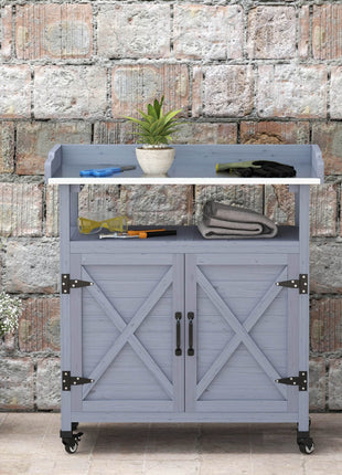 Outdoor Wooden Potting Bench with Storage Cabinet, Aluminum Tabletop, Rubber Wheels for Backyard, Patio, Balcony, Gray