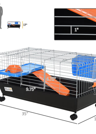 35"L Small Animal Cage with Food Dish, Water Bottle, Hay Feeder, Platform, Ramp for Chinchilla, Black