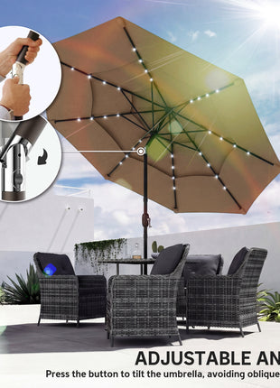 9.7 ft Outdoor Patio Umbrella with Solar LED Lights, 3 Tier Outdoor Table Umbrella with Tilt, Crank, Khaki