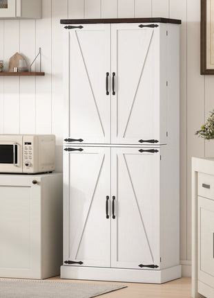72" Tall Kitchen Pantry Cabinet, Farmhouse Storage Cabinet with 8 Door Racks and Adjustable Shelves, White