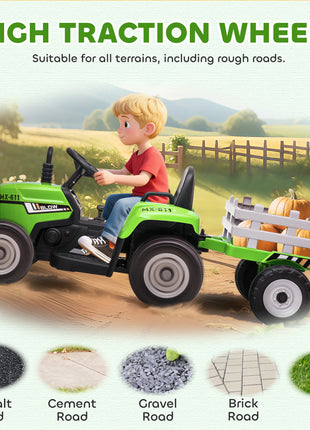 12V Ride on Tractor with Trailer, 25W Dual Motors, Battery Powered Electric Tractor with Remote Control, Music Startup Sound and Horn, LED Lights, Green