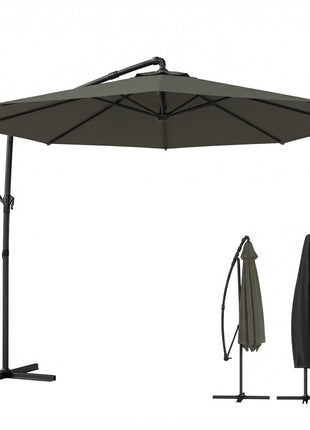 10 ft Offset Patio Umbrella with Cover, Hanging Cantilever Umbrella with 360° Rotation, Crank Handle, Tilt, Tan