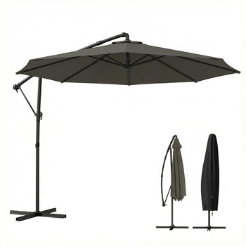 10 ft Offset Patio Umbrella with Cover, Hanging Cantilever Umbrella with 360° Rotation, Crank Handle, Tilt, Tan