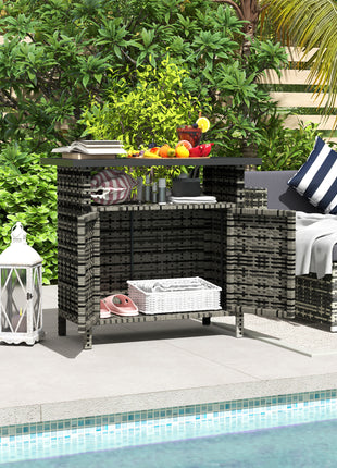 Wicker Outdoor Storage Cabinet with Two Doors and Shelf for Outdoor Pool Towel Storage, Mixed Gray