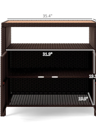 Outdoor Storage Cabinet with Acacia Wood Top, Two Doors, Shelf, Wicker Bar Table for Pool Towel Storage, Brown