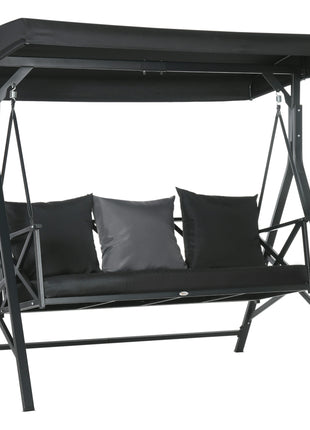 3-Seat Patio Swing Chair, Porch Swing Glider with Cushion, 3 Throw Pillows & Adjustable Canopy for Porch, Garden, Poolside, Backyard, Black