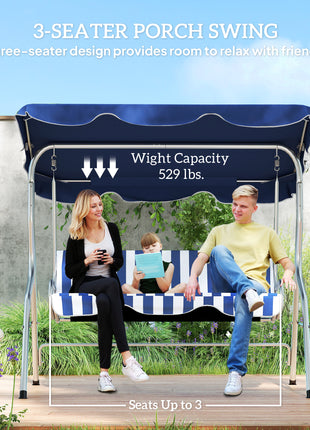 3-Person Porch Swing with Canopy, Patio Swing Chair, Outdoor Canopy Swing Bench with Adjustable Shade, Cushion and Steel Frame, Dark Blue & White Striped