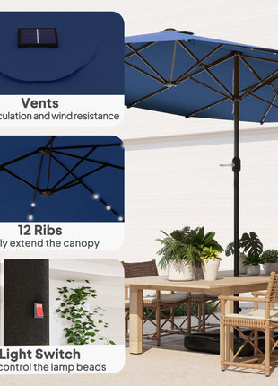 Garden Parasol 14.4ft Double-Sided Sun Umbrella with Base, Patio Parasol with LED Solar Lights, Navy Blue