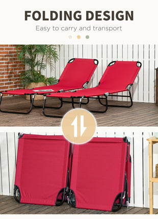 2 Piece Folding Chaise Lounge Pool Chairs, Outdoor Sun Tanning Chairs with 5-Level Reclining Back, Steel Frame for Beach, Yard, Patio, Red