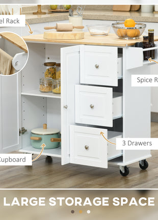 Kitchen Island with Drop Leaf, Rolling Kitchen Cart on Wheels with 3 Drawers, Cabinet, Natural Wood Top, Spice Rack and Towel Rack, White
