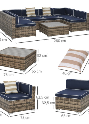 7-Piece Outdoor Wicker Patio Sofa Set, Modern Rattan Conversation Furniture Set with Cushions, Pillows and Tea Table - Blue