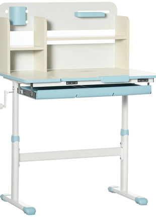 Wooden Kids Study Desk, Height Adjustable Children School Study Table, Student Writing Desk with Tilt Desktop, Drawer, Storage Shelf, Pen Holder, Blue