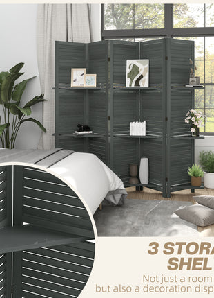 5 Panel 67" Tall Wood Privacy Screen Room Divider with 3 Shelves and Folding Storage for Bedroom, Gray
