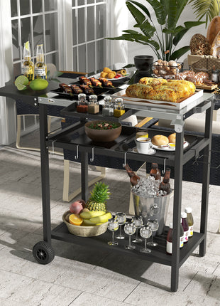 2-Tier Shelf Outdoor Bar Cart, Stainless Steel Tabletop Patio Serving Cart with Accessories for Poolside, Garden, Black