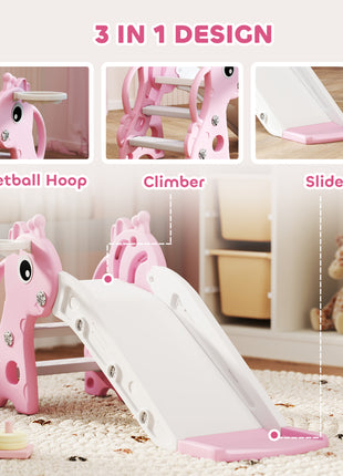 3-in-1 Toddler Slide for Age 1-3, Freestanding Kids Slide with Climber, Basketball Hoop and Ball, Giraffe Design, Pink