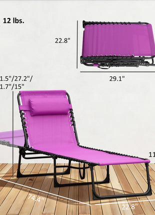 Folding Chaise Lounge Pool Chair with 4-Position Reclining Back, Pillow, Breathable Mesh & Bungee Seat, Purple