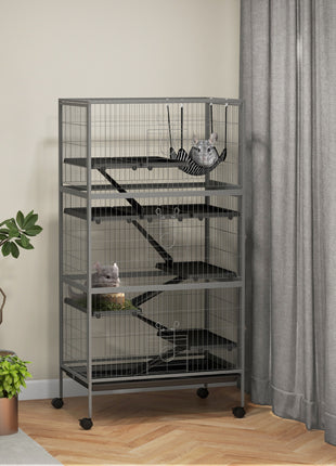 63" H Rolling Small Animal Cage with Hammock, Ferret Cage, Chinchilla Cage, Pet Habitat with 6 Doors, Removable Tray