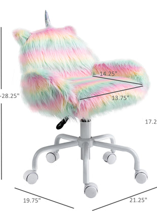 Fluffy Unicorn Office Chair with Mid-Back and Armrest Support, 5 Star Swivel Wheel White Base, Rainbow