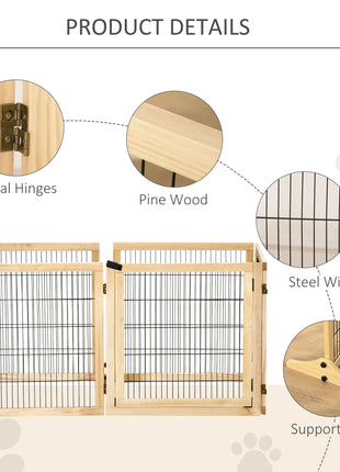 Wooden Pet Gate, 6-Panel Folding Dog Safety Barrier with Support Feet for Small & Medium Dogs, Natural Wood