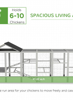 Wooden Chicken Coop Run for 6 - 10 Chickens, Hen House Add-On with Storage, Perches, 141.75" x 48" x 61", Gray