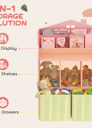 Kids Bookshelf with Storage, Toy Storage Unit with Book Display, Shelves and Fabric Drawers for Playroom Nursery, Pink